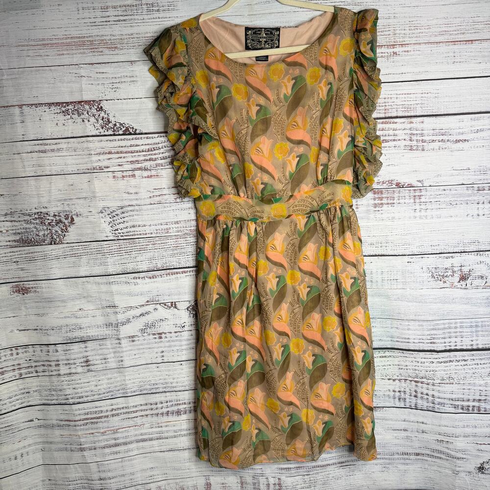 James Coviello 100% Silk Floral Ruffle Sleeve Dress Women's US 6 Art Nouveau - Picture 2 of 7